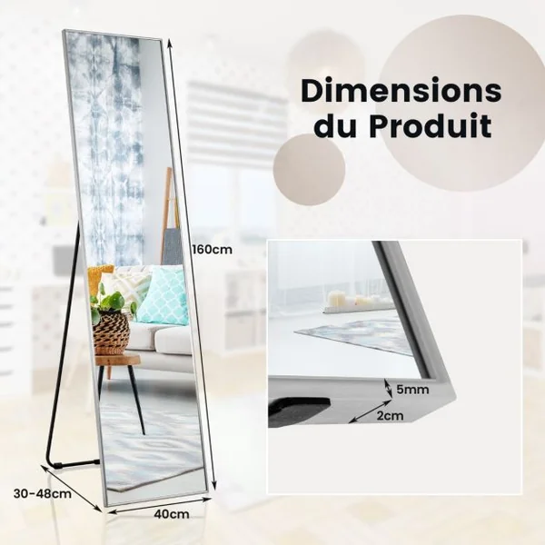 Miroir Pleine Longueur 160 X 40 CM Miroir Rectangulaire avec Verre Incassable et Cadre en Alliage D'aluminium pour Chambre Salon Entrée Noir/Argent/Or