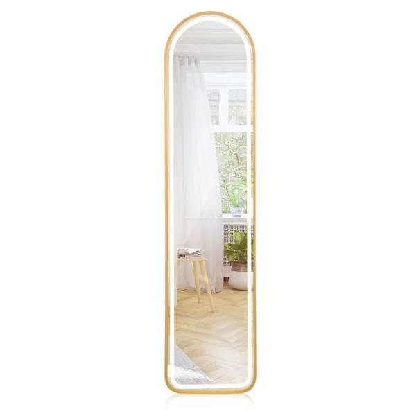 Miroir Pleine Longueur Arrondi avec Lumières Led Miroir Éclairé Par Led Cadre en Aluminium Intensité Variable Éclairage 3 Couleurs Or