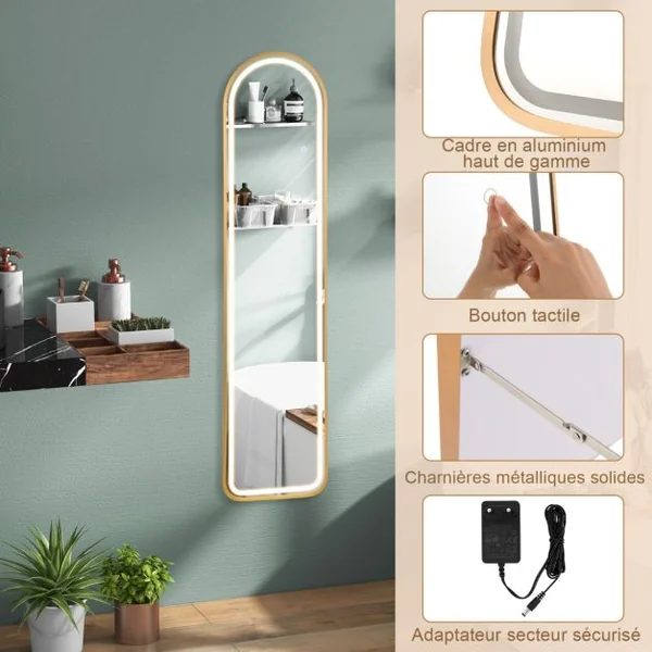Miroir Pleine Longueur Arrondi avec Lumières Led Miroir Éclairé Par Led Cadre en Aluminium Intensité Variable Éclairage 3 Couleurs Or