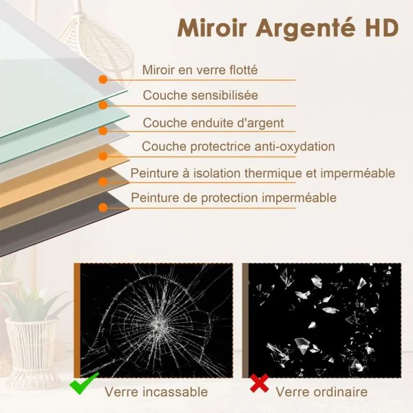 Miroir Pleine Longueur Arrondi avec Lumières Led Miroir Éclairé Par Led Cadre en Aluminium Intensité Variable Éclairage 3 Couleurs Or