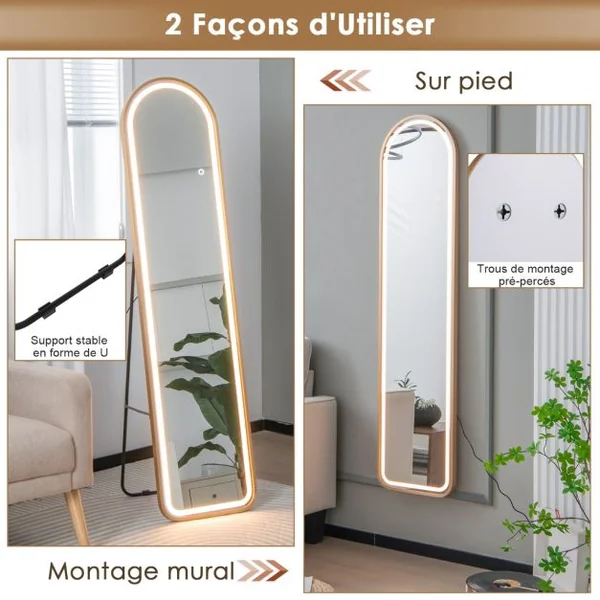 Miroir Pleine Longueur Arrondi avec Lumières Led Miroir Éclairé Par Led Cadre en Aluminium Intensité Variable Éclairage 3 Couleurs Or