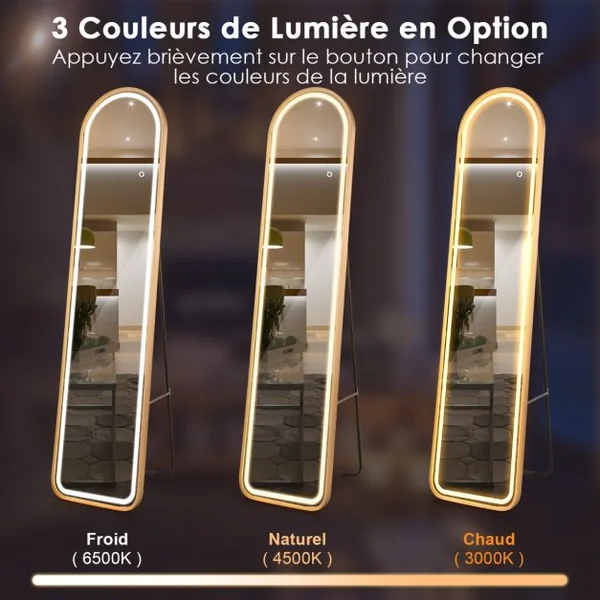 Miroir Pleine Longueur Arrondi avec Lumières Led Miroir Éclairé Par Led Cadre en Aluminium Intensité Variable Éclairage 3 Couleurs Or