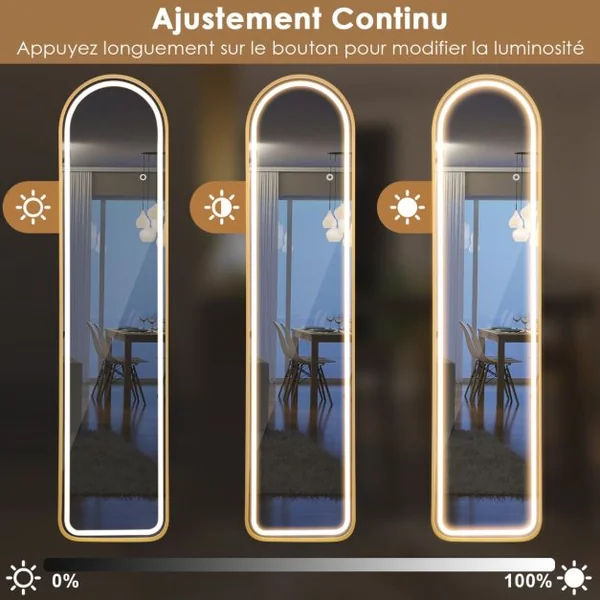 Miroir Pleine Longueur Arrondi avec Lumières Led Miroir Éclairé Par Led Cadre en Aluminium Intensité Variable Éclairage 3 Couleurs Or