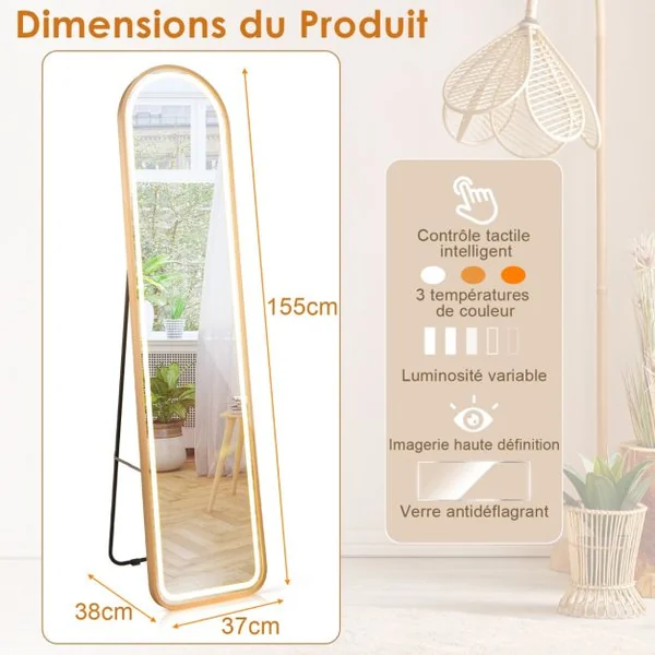 Miroir Pleine Longueur Arrondi avec Lumières Led Miroir Éclairé Par Led Cadre en Aluminium Intensité Variable Éclairage 3 Couleurs Or
