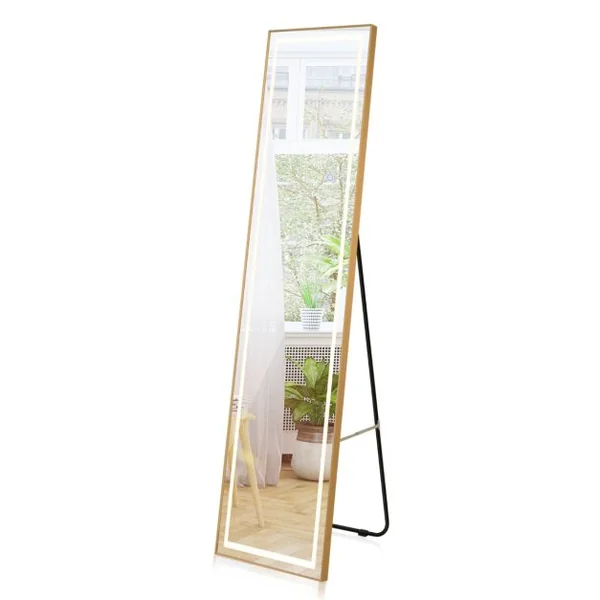 Miroir Pleine Longueur avec Lumières Led Miroir Éclairé Par Led Cadre en Aluminium Intensité Variable Éclairage 3 Couleurs Or
