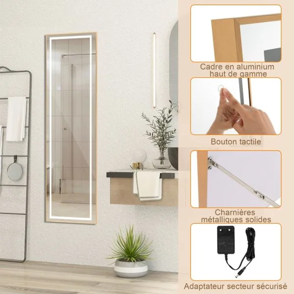 Miroir Pleine Longueur avec Lumières Led Miroir Éclairé Par Led Cadre en Aluminium Intensité Variable Éclairage 3 Couleurs Or