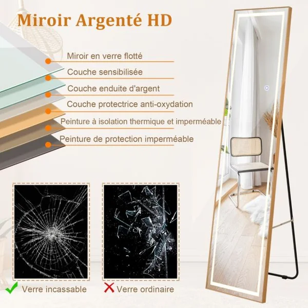 Miroir Pleine Longueur avec Lumières Led Miroir Éclairé Par Led Cadre en Aluminium Intensité Variable Éclairage 3 Couleurs Or