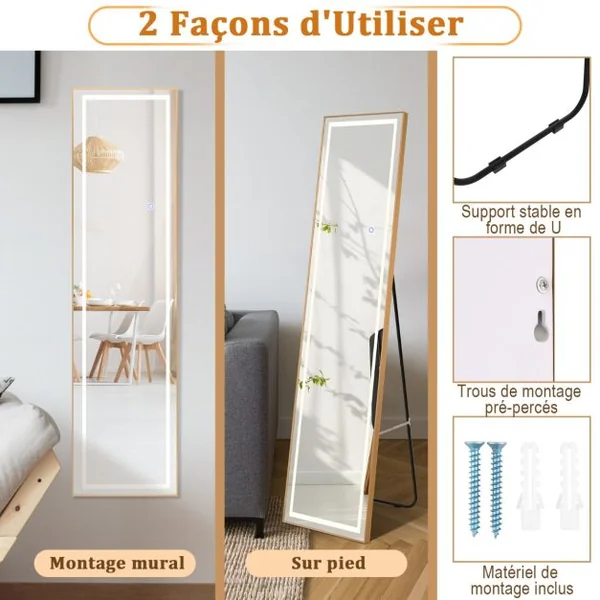 Miroir Pleine Longueur avec Lumières Led Miroir Éclairé Par Led Cadre en Aluminium Intensité Variable Éclairage 3 Couleurs Or