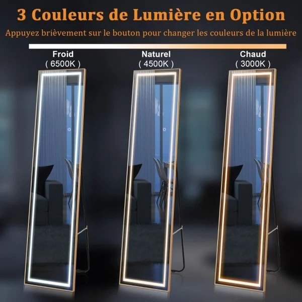 Miroir Pleine Longueur avec Lumières Led Miroir Éclairé Par Led Cadre en Aluminium Intensité Variable Éclairage 3 Couleurs Or