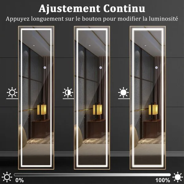 Miroir Pleine Longueur avec Lumières Led Miroir Éclairé Par Led Cadre en Aluminium Intensité Variable Éclairage 3 Couleurs Or