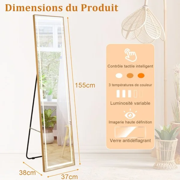 Miroir Pleine Longueur avec Lumières Led Miroir Éclairé Par Led Cadre en Aluminium Intensité Variable Éclairage 3 Couleurs Or