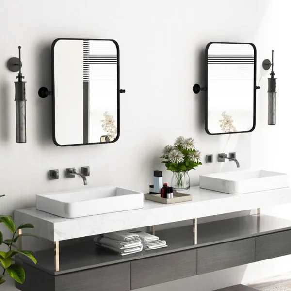 Miroir Rectangulaire Pivotant Noir Encadré en Métal de 76,5 x 56 cm Miroir Mural Inclinable Rectangulaire avec Supports Muraux