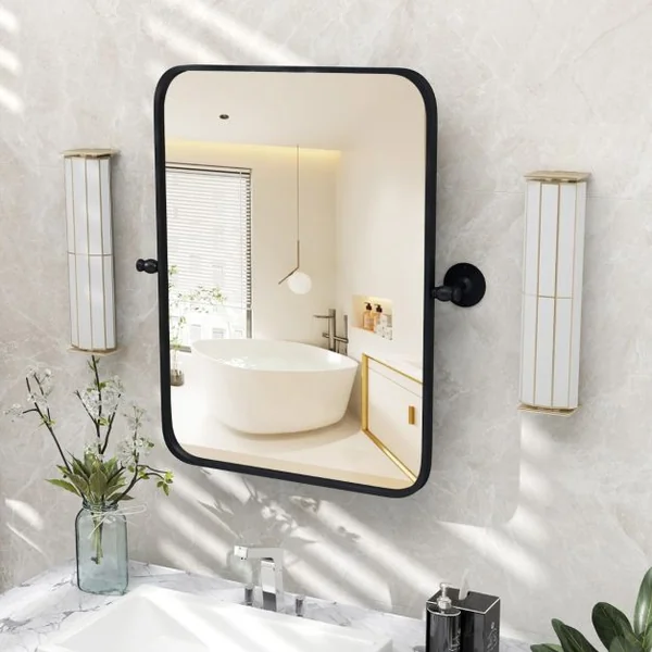 Miroir Rectangulaire Pivotant Noir Encadré en Métal de 76,5 x 56 cm Miroir Mural Inclinable Rectangulaire avec Supports Muraux