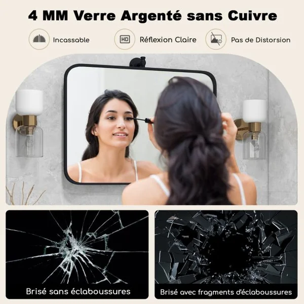 Miroir Rectangulaire Pivotant Noir Encadré en Métal de 76,5 x 56 cm Miroir Mural Inclinable Rectangulaire avec Supports Muraux