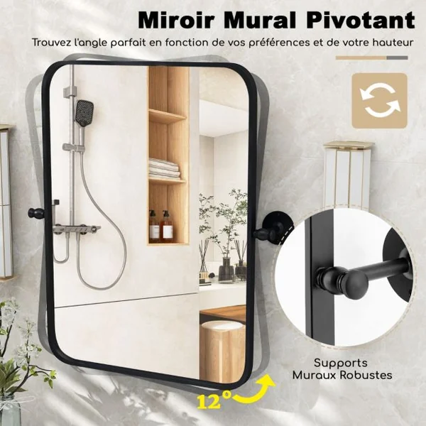 Miroir Rectangulaire Pivotant Noir Encadré en Métal de 76,5 x 56 cm Miroir Mural Inclinable Rectangulaire avec Supports Muraux