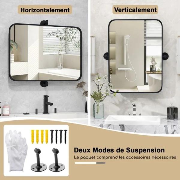 Miroir Rectangulaire Pivotant Noir Encadré en Métal de 76,5 x 56 cm Miroir Mural Inclinable Rectangulaire avec Supports Muraux