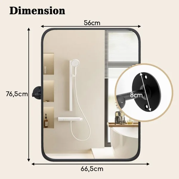 Miroir Rectangulaire Pivotant Noir Encadré en Métal de 76,5 x 56 cm Miroir Mural Inclinable Rectangulaire avec Supports Muraux