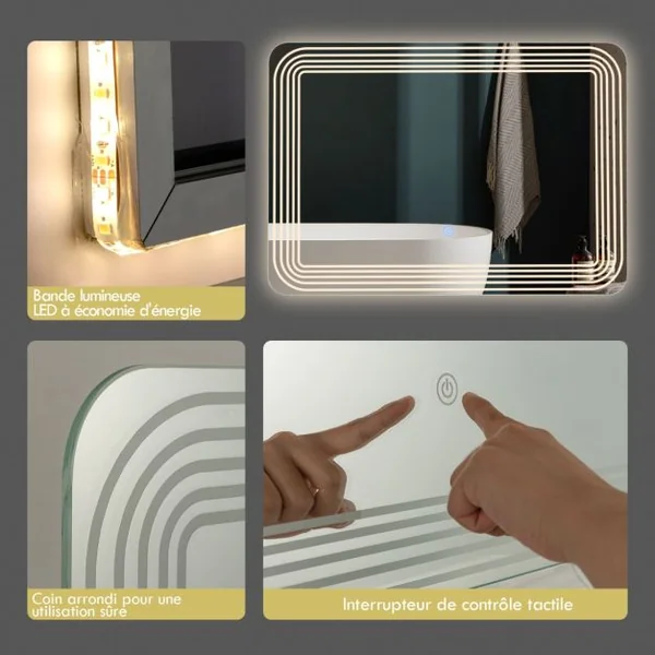 Miroir Salle de Bain LED 70x50cm avec 3 Couleurs et Luminosité Réglables 5 Bandes LED sur Surface Interrupteur Tactile