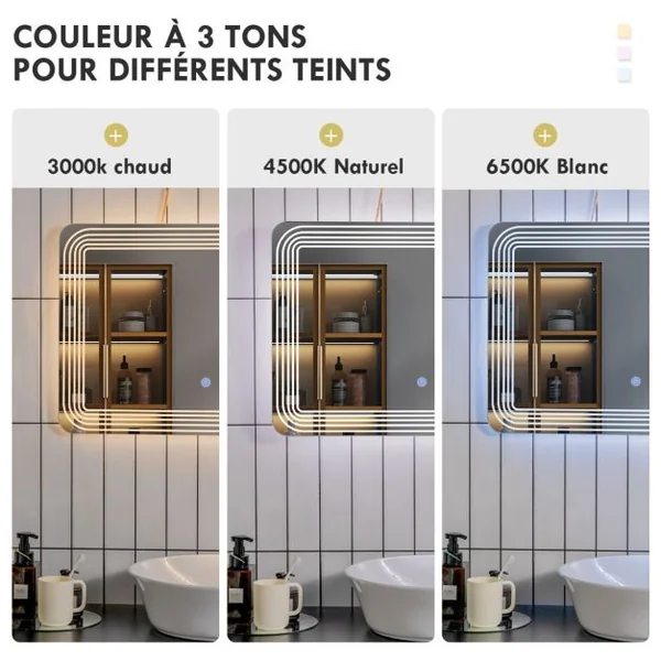 Miroir Salle de Bain LED 70x50cm avec 3 Couleurs et Luminosité Réglables 5 Bandes LED sur Surface Interrupteur Tactile