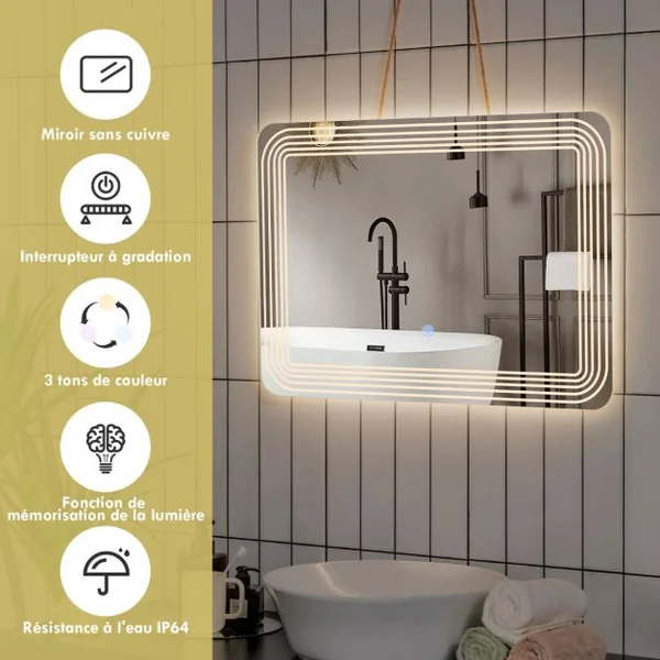 Miroir Salle de Bain LED 70x50cm avec 3 Couleurs et Luminosité Réglables 5 Bandes LED sur Surface Interrupteur Tactile