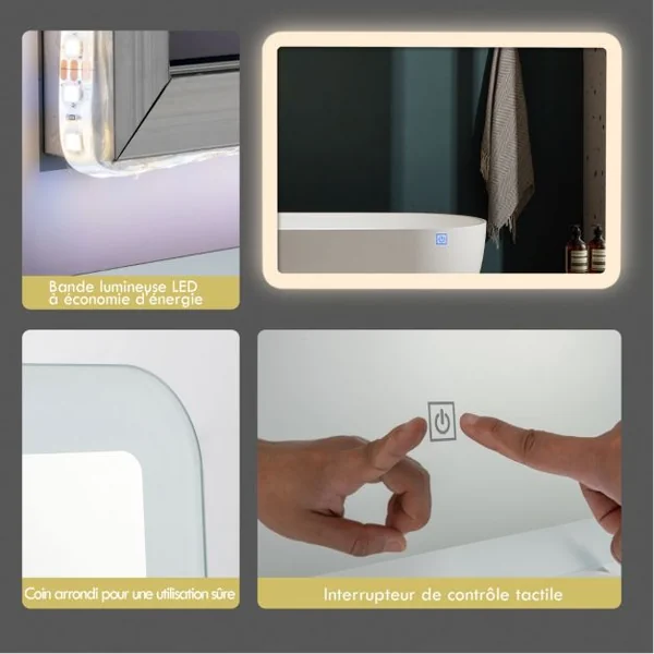 Miroir Salle de Bain LED 70x50cm avec 3 Couleurs et Luminosité Réglables Interrupteur Tactile Fonction de Mémoire