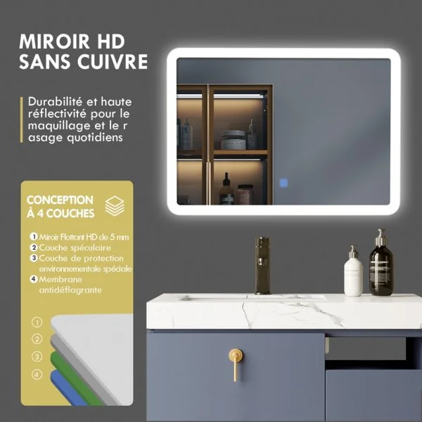 Miroir Salle de Bain LED 70x50cm avec 3 Couleurs et Luminosité Réglables Interrupteur Tactile Fonction de Mémoire