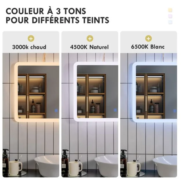 Miroir Salle de Bain LED 70x50cm avec 3 Couleurs et Luminosité Réglables Interrupteur Tactile Fonction de Mémoire