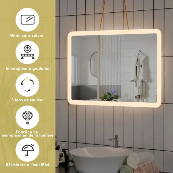 Miroir Salle de Bain LED 70x50cm avec 3 Couleurs et Luminosité Réglables Interrupteur Tactile Fonction de Mémoire