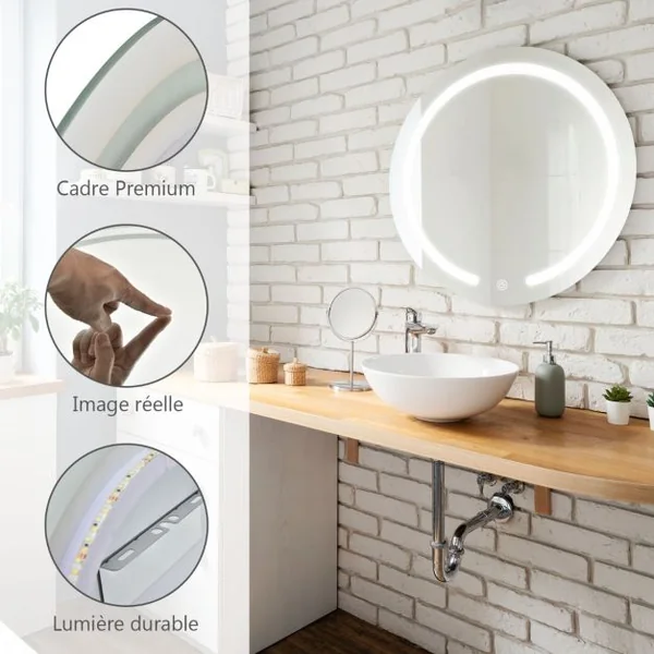 Miroir Salle de Bain Mural Φ 49,5 cm Miroir LED Rond Réglable 3 Températures de Couleur Interrupteur Tactile