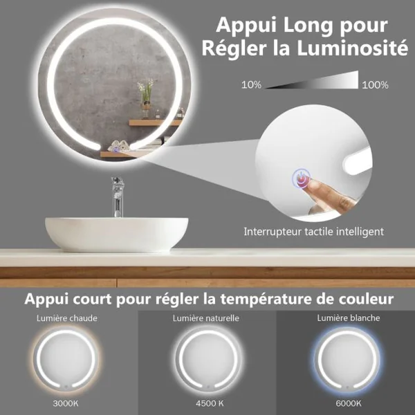 Miroir Salle de Bain Mural Φ 49,5 cm Miroir LED Rond Réglable 3 Températures de Couleur Interrupteur Tactile