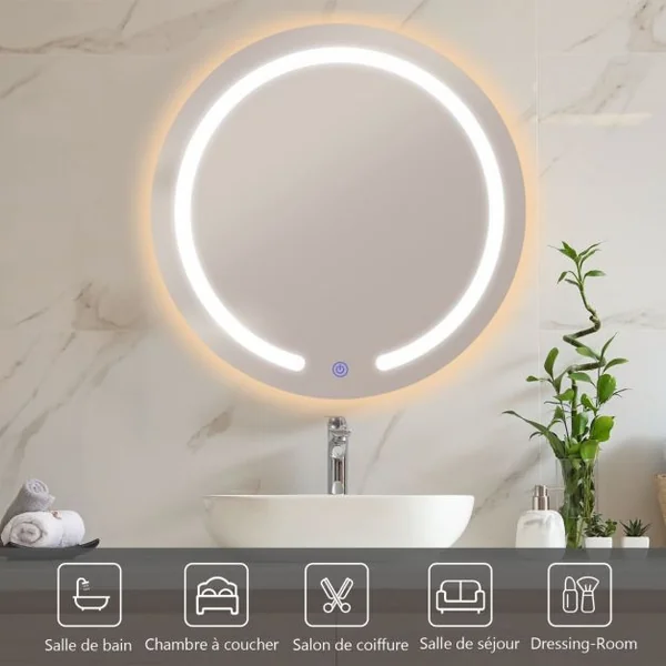 Miroir Salle de Bain Mural Φ 49,5 cm Miroir LED Rond Réglable 3 Températures de Couleur Interrupteur Tactile