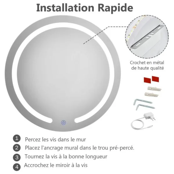 Miroir Salle de Bain Mural Φ 49,5 cm Miroir LED Rond Réglable 3 Températures de Couleur Interrupteur Tactile
