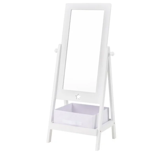Miroir sur Pied pour Enfants Miroir de Toilette sur Pied Rotatif à 360° Etagère de Rangement 2 Crochets Latéraux Miroir sur Pied Blanc