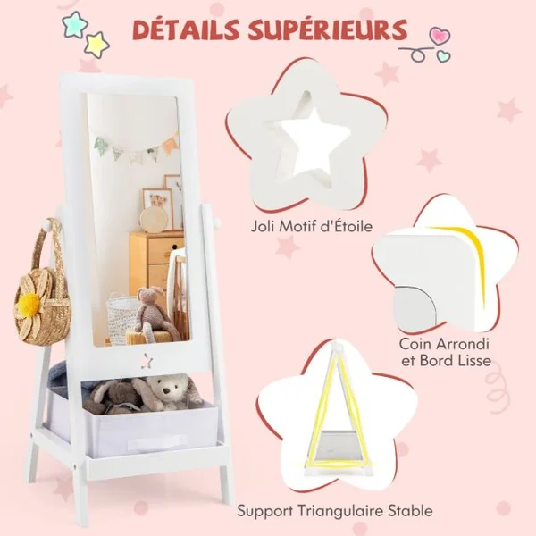 Miroir sur Pied pour Enfants Miroir de Toilette sur Pied Rotatif à 360° Etagère de Rangement 2 Crochets Latéraux Miroir sur Pied Blanc