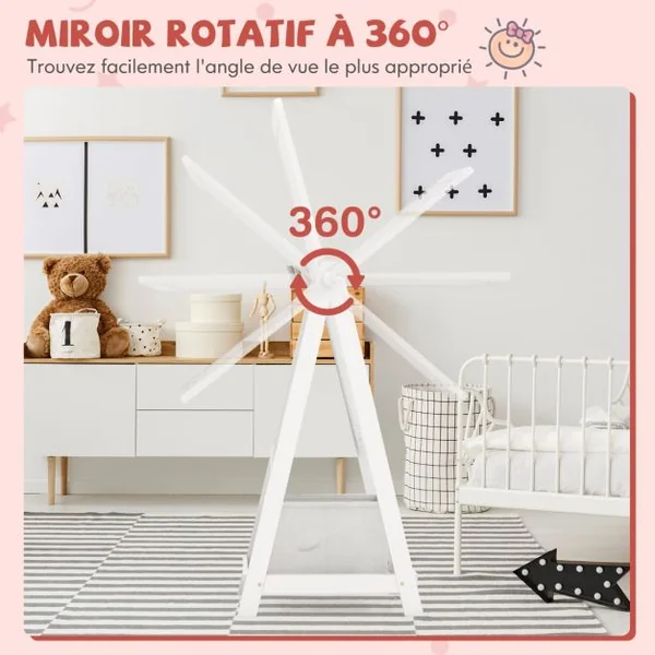 Miroir sur Pied pour Enfants Miroir de Toilette sur Pied Rotatif à 360° Etagère de Rangement 2 Crochets Latéraux Miroir sur Pied Blanc