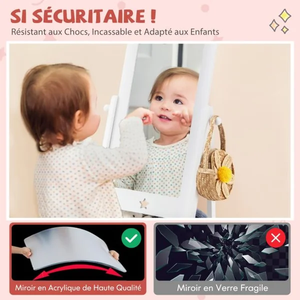 Miroir sur Pied pour Enfants Miroir de Toilette sur Pied Rotatif à 360° Etagère de Rangement 2 Crochets Latéraux Miroir sur Pied Blanc