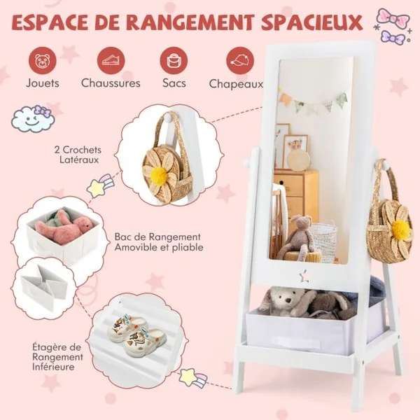 Miroir sur Pied pour Enfants Miroir de Toilette sur Pied Rotatif à 360° Etagère de Rangement 2 Crochets Latéraux Miroir sur Pied Blanc