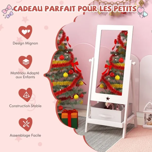 Miroir sur Pied pour Enfants Miroir de Toilette sur Pied Rotatif à 360° Etagère de Rangement 2 Crochets Latéraux Miroir sur Pied Blanc