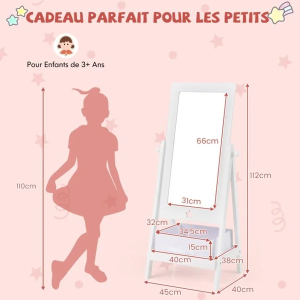 Miroir sur Pied pour Enfants Miroir de Toilette sur Pied Rotatif à 360° Etagère de Rangement 2 Crochets Latéraux Miroir sur Pied Blanc