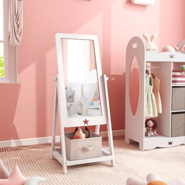 Miroir sur Pied Rotatif à 360° pour Enfants avec Bac de Rangement en Tissu Miroir d'Habillage en Acrylique avec 2 Crochets Blanc