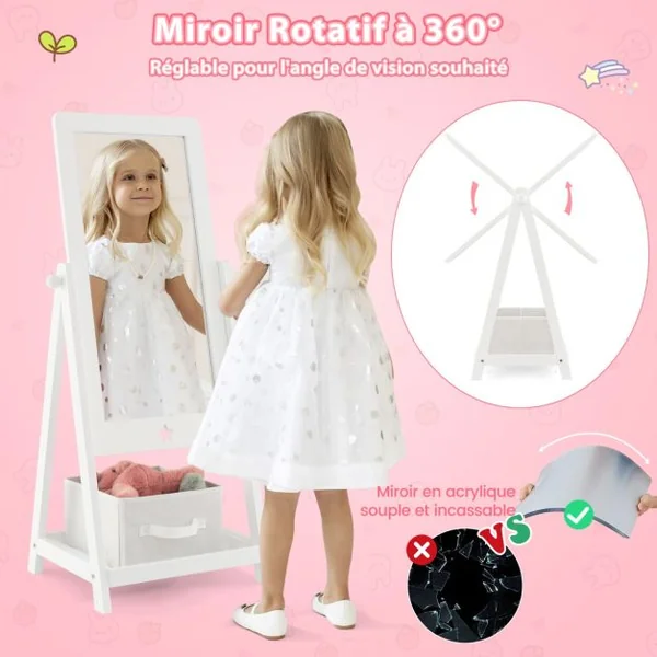 Miroir sur Pied Rotatif à 360° pour Enfants avec Bac de Rangement en Tissu Miroir d'Habillage en Acrylique avec 2 Crochets Blanc