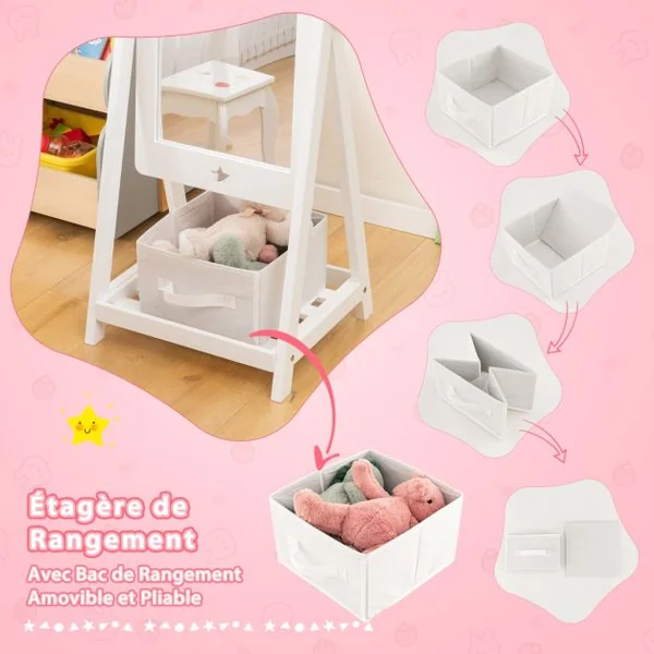 Miroir sur Pied Rotatif à 360° pour Enfants avec Bac de Rangement en Tissu Miroir d'Habillage en Acrylique avec 2 Crochets Blanc
