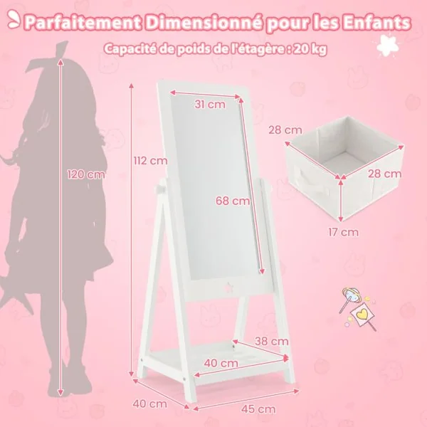 Miroir sur Pied Rotatif à 360° pour Enfants avec Bac de Rangement en Tissu Miroir d'Habillage en Acrylique avec 2 Crochets Blanc