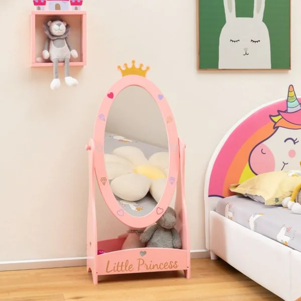 Miroir sur Pied Rotatif à 360° pour Enfants avec Motif de Couronne Miroir d'Habillage Ovale en Acrylique avec Etagère de Rangement 3 Ans+
