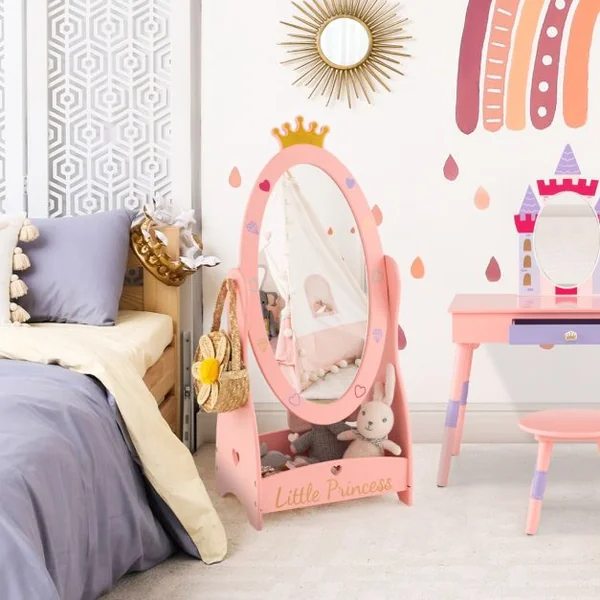 Miroir sur Pied Rotatif à 360° pour Enfants avec Motif de Couronne Miroir d'Habillage Ovale en Acrylique avec Etagère de Rangement 3 Ans+