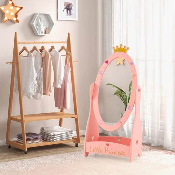 Miroir sur Pied Rotatif à 360° pour Enfants avec Motif de Couronne Miroir d'Habillage Ovale en Acrylique avec Etagère de Rangement 3 Ans+