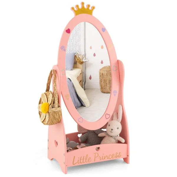 Miroir sur Pied Rotatif à 360° pour Enfants avec Motif de Couronne Miroir d'Habillage Ovale en Acrylique avec Etagère de Rangement 3 Ans+