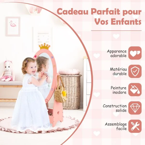 Miroir sur Pied Rotatif à 360° pour Enfants avec Motif de Couronne Miroir d'Habillage Ovale en Acrylique avec Etagère de Rangement 3 Ans+