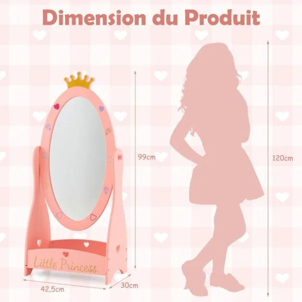 Miroir sur Pied Rotatif à 360° pour Enfants avec Motif de Couronne Miroir d'Habillage Ovale en Acrylique avec Etagère de Rangement 3 Ans+