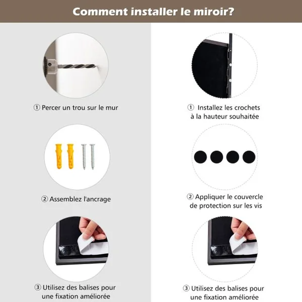 Miroir à Suspendre sur Porte avec Crochets de Suspension Réglables en Hauteur 36,5 x 107 CM Blanc/Café/Noir
